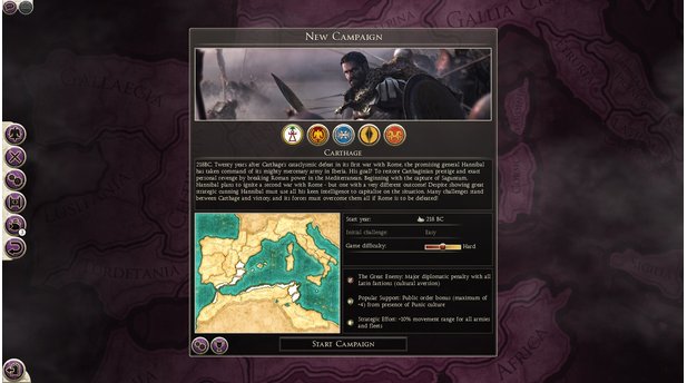 Total War: Rome 2 - Screenshots zum DLC Hannibal at the GatesDer Kampagnen-Startbildschirm. Im Hannibal-DLC sind Rom, Karthago, der griechische Stadtstaat Syrakus sowie zwei iberische Stämme spielbar.
