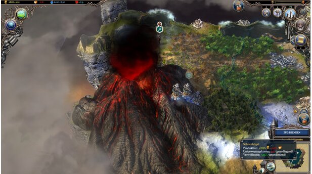 Warlock 2: The ExiledJetzt schlägt es aber dreizehn: Sogar einen Vulkan hat ein mißliebiger Magierkollege in unserem Territorium ausbrechen lassen. Wir können das rückgängig machen, es erfordert allerdings multiple Anwendungen des »Land absenken«-Zaubers.