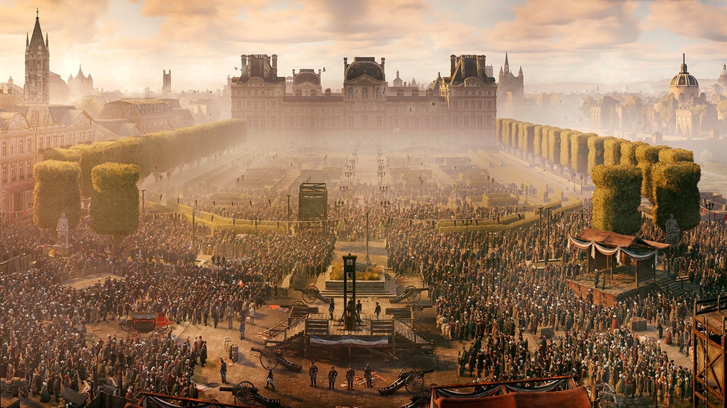 Assassin's Creed UnityDie Hinrichtung Ludwig XVI auf dem Place de la Concorde zeigt gleichzeitig die größte animierte Menschenmenge in Unity: knapp zehntausend Bürger.