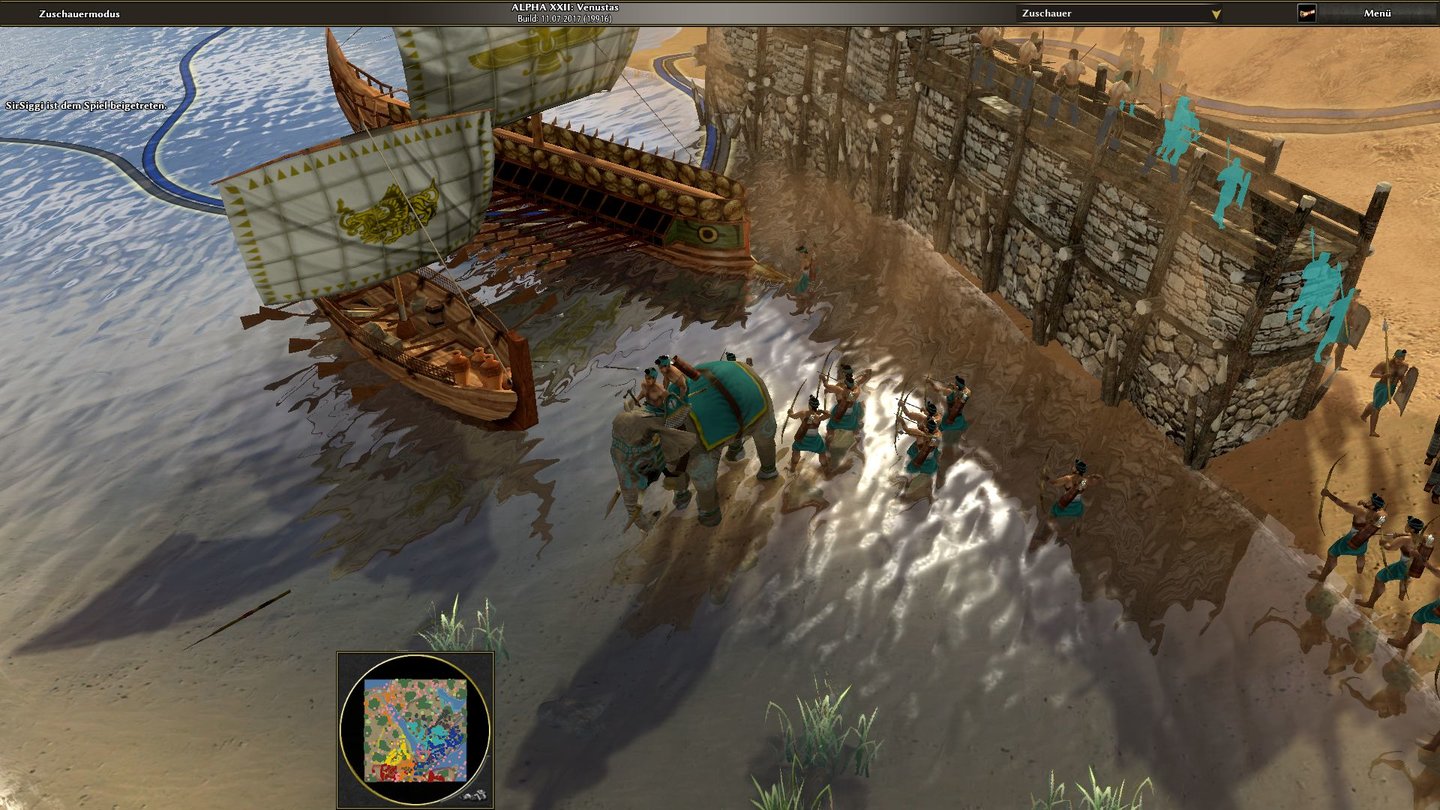 0 A.D.Multiplayer: Ein Kriegselefant der Maurya-Inder überquert eine Furt, während eine persische Trireme hilflos auf die Angreifer feuert. Wenn so ein Schiff Infanteristen an Bord hat, erhöht sich seine Feuerrate.