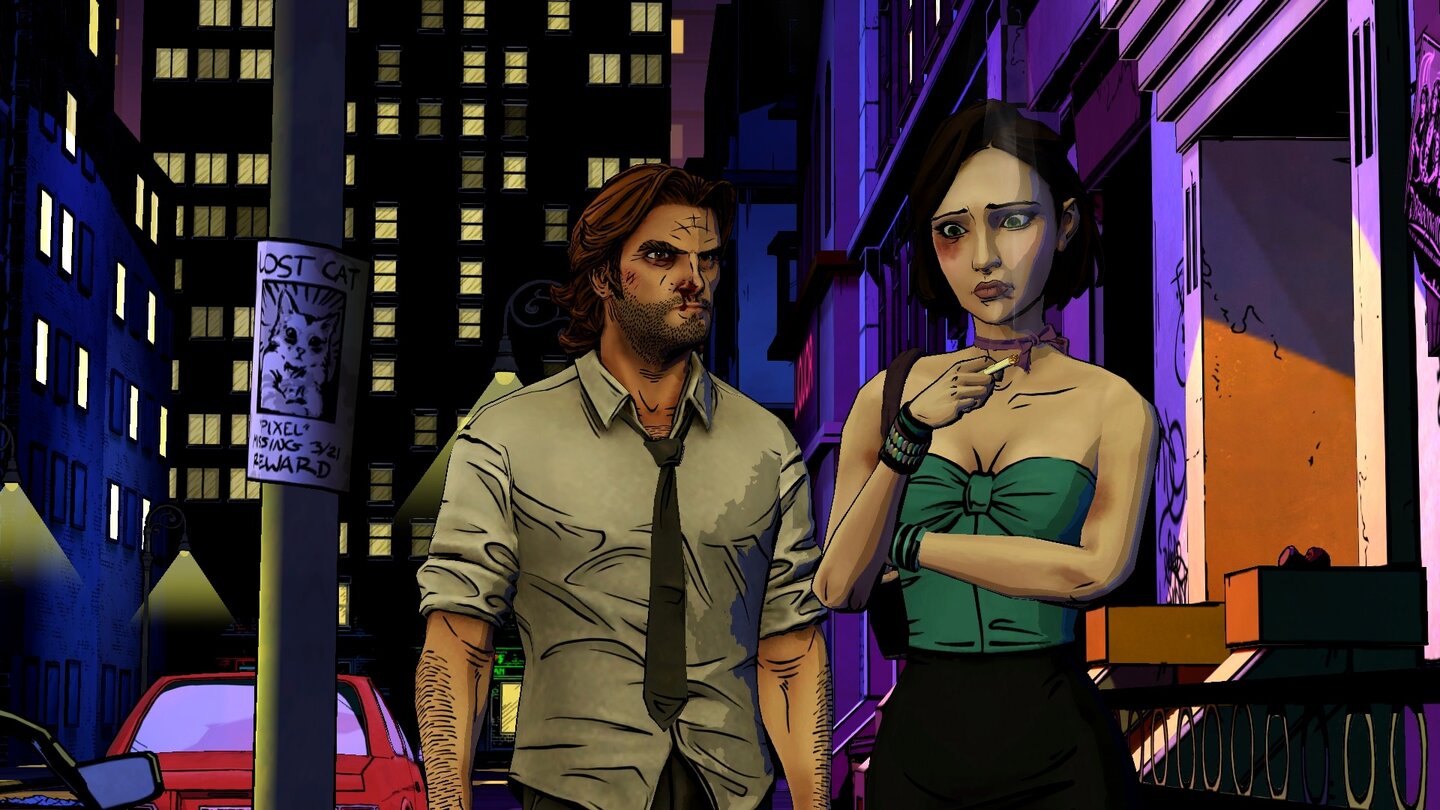 The Wolf Among UsIm direkten Vergleich mit The Walking Dead präsentiert sich The Wolf Among Us meist deutlich farbenfroher und setzt mit Schwarzflächen sowie Neonfarben neue Akzente.