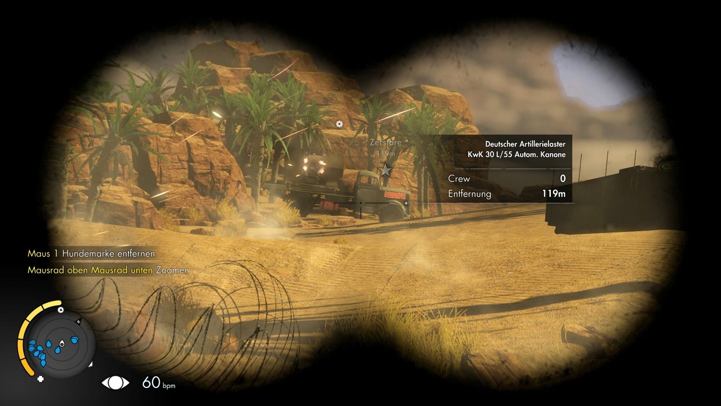 Sniper Elite 3Das Fernglas gibt uns genaue Informationen über den Gegnertyp und dessen Bewaffnung.