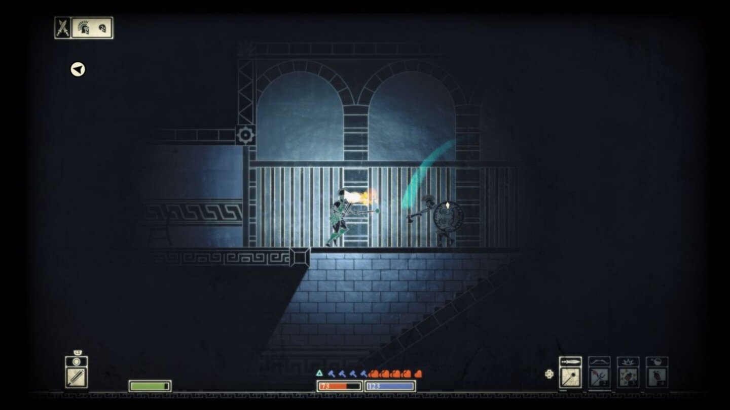 ApotheonIn dunklen Bereichen tauschen wir unseren Schild einfach gegen eine Fackel. Feindliche Angriffe können wir dann aber nicht mehr blocken.