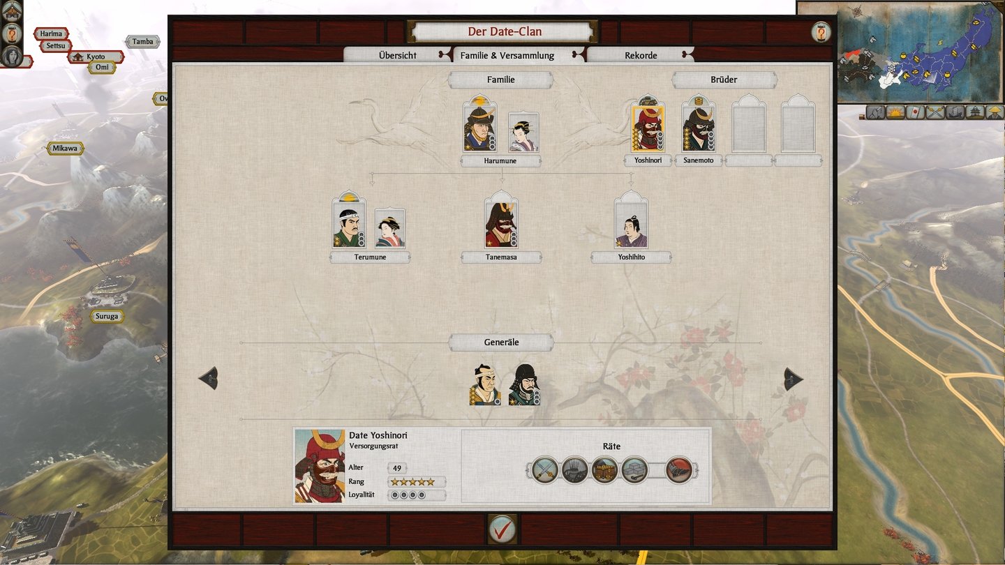Total War: Shogun 2Im Familienmenü verleihen wir Tital an Generäle oder nehmen sie in unsere Familie auf, um ihre Loayalität zu steigern.