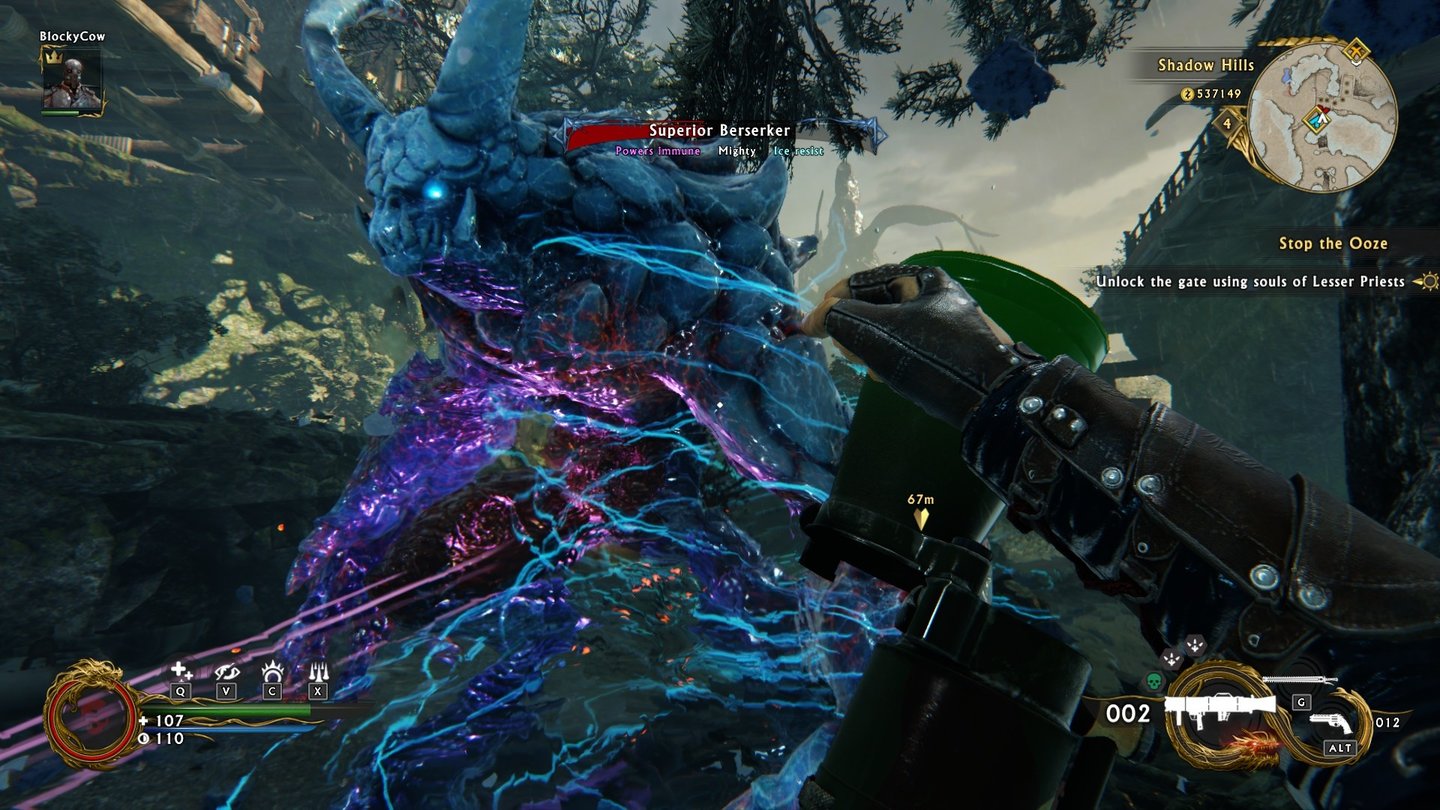 Shadow Warrior 2Ein Mitspieler hält dieses Monster mit Elektrizität fest, während wir unseren Raketenwerfer nachladen.