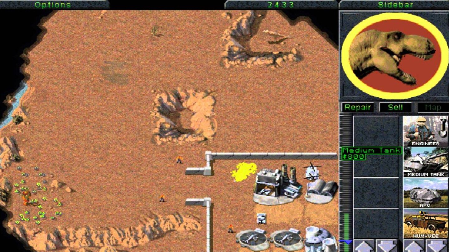 Command & Conquer - geheime Dinomissionen (1996)Die Erweiterung »Der Ausnahmezustand« für das erste Command & Conquer bietet 1996 nicht nur härtere Missionen, sondern auch eine besondere Überraschung für alle Echsen-Fans. Um diese zu aktivieren, muss das Spiel mit dem Kommando »Funpark« gestartet werden, was den Spieler augenblicklich in den Clinch mit den Riesenechsen wirft.