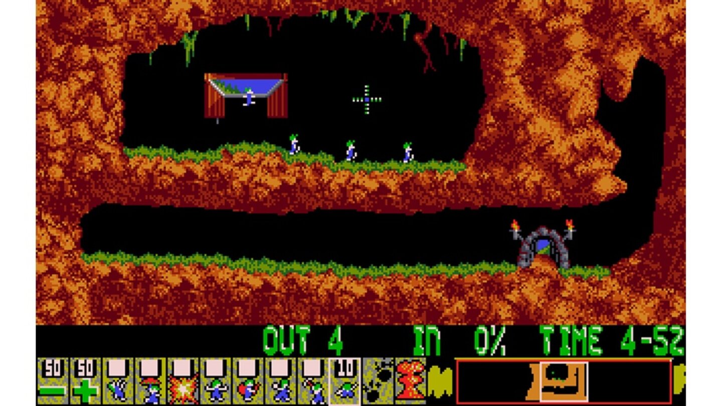 Lemmings1991 heißt DMA Design noch nicht Rockstar North und hat mit Gangster-Action wenig am Hut. Der erste Mega-Hit des späteren Superstudios dreht sich vielmehr um kleine, grünhaarige Wesen mit Tendenz zum Bildschirm-Suizid. Aufgabe des Spielers ist es, die Lemminge unbeschadet zum Level-Ausgang zu eskortieren. Zu diesem Zweck weist man den Schutzbefohlenen unterschiedliche Rollen zu und lässt sie beispielsweise mit einem Fallschirm sicher gen Boden gleiten. Der Erfolg des Titels ist so groß, dass DMA Design unzählige Ableger und Fortsetzungen produziert.