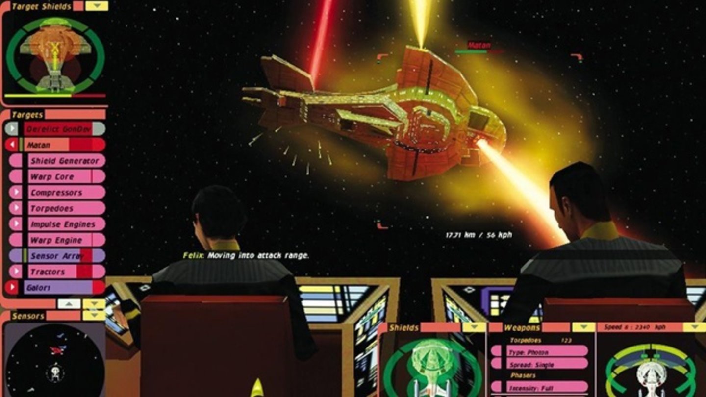 Star Trek Bridge Commander (2002)Nach den beiden Academy-Spielen gilt Bridge Commander als das trekkigste: Die großen Schiffe steuern sich wirklich wie... große Schiffe, und wir kommandieren die Crew, statt uns selber die Hände schmutzig zu machen – optional sogar per Spracheingabe! Zeitlich ist das Ganze bei The Next Generation angesiedelt; wir treffen Picard und Data und steuern die Schwesterschiffe der Enterprise D und E.