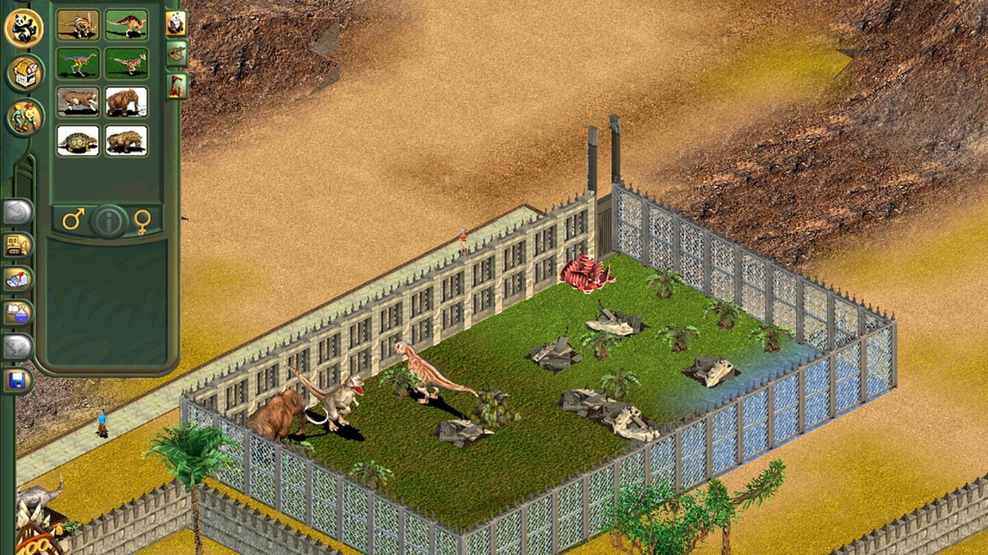 Zoo Tycoon: Dinosaur Digs (2002)Auch Zoo Tycoon ließ es sich 2002 nicht nehmen, die Dinosaurier à la Jurassic Park wieder in ein Gehege zu sperren. Das Add-on Dinosaur Digs bietet 26 verschieden Spezies, deren spezielle Bedürfnisse der Spieler erfüllen muss. Wirklich glücklich scheinen sie aber selbst dann nicht, denn ihr Verhalten bleibt extrem aggressiv, weshalb stabile Zäune ratsam sind.