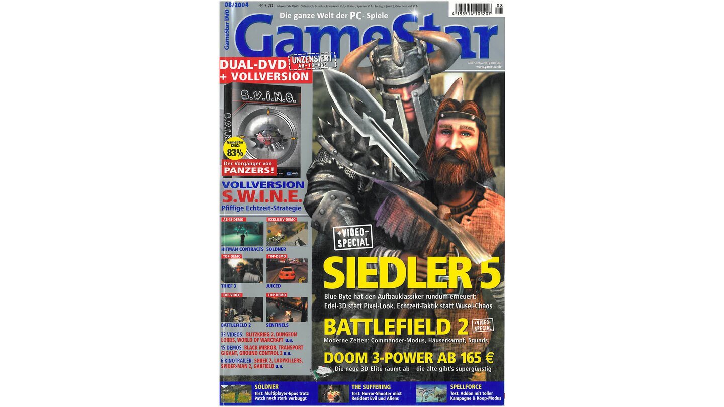 GameStar 8/2004Siedler-5-Titelstory mit Mega-Preview, Multiplayer-Duell und die Siedlung.
Außerdem: Battlefield 2-, Driver 3 und Rome-Preview. Shrek 2, Blitzkrieg: Total und Spartan im Test und Report über schlaue Strategie-Spiele.