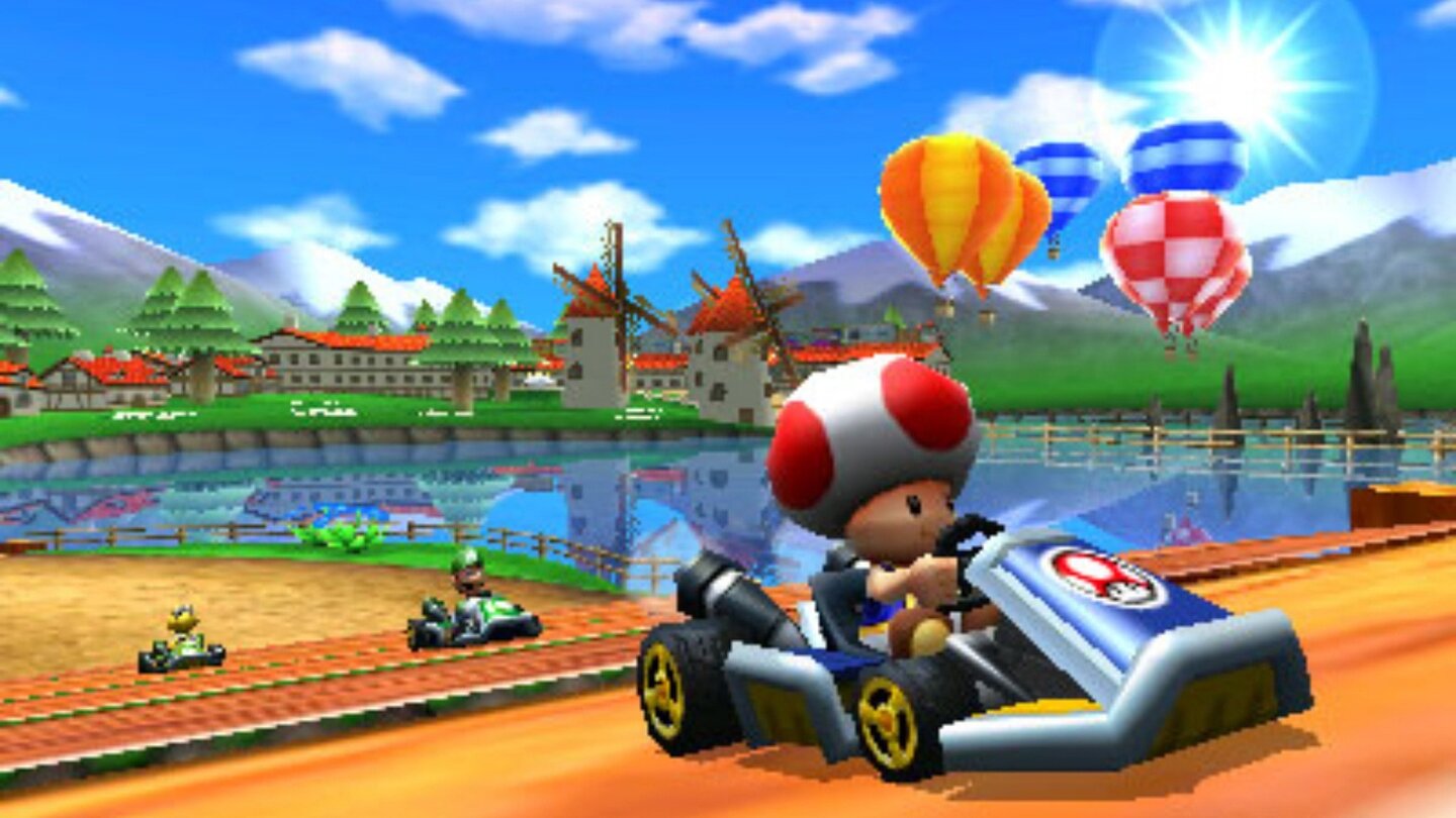 Mario Kart 7 (2011)Auch in 3D funktionieren Kart-Rennen im Mario-Look vortrefflich. Diesmal kommen Gleiter und Unterwasserrennen neu dazu, die für Abwechslung auf den Strecken sorgen sollen. Außerdem können Geistdaten mit anderen Spielern ausgetauscht werden, um die jeweiligen Highscores zu toppen.