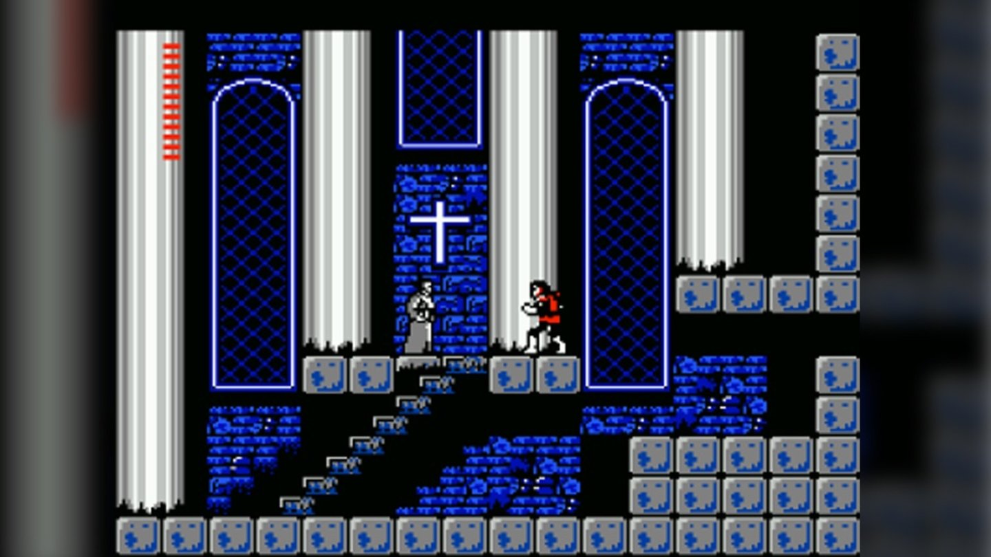 Castlevania 2: Simon‘s Quest (NES, 1987)
Ein Jahr nach Castlevania – sieben im Spiel – leidet Simon Belmont schreckliche Qualen. Denn vor Draculas Ende verfluchte ihn dieser. Nur durch das Wiederbeleben und anschließende Verbrennen des Vampirs kann Simon den Fluch brechen, und so zieht er aus in die Welt, die Einzelteile von Draculas Körper dessen Wächtern zu entreißen.
Neu: Castlevania 2: Simons Quest beinhaltet nun einige Adventure- und Rollenspielelemente, so löst eine erkundbare Weltkarte die festen Sidescroll-Levelschläuche ab. Zudem müssen neben dem Sammeln von Items nun auch Rätsel gelöst werden. Und auch ein Tag-/Nachtwechsel wurde in das Spiel implementiert, der Auswirkungen auf die Monsterstärke hatte.