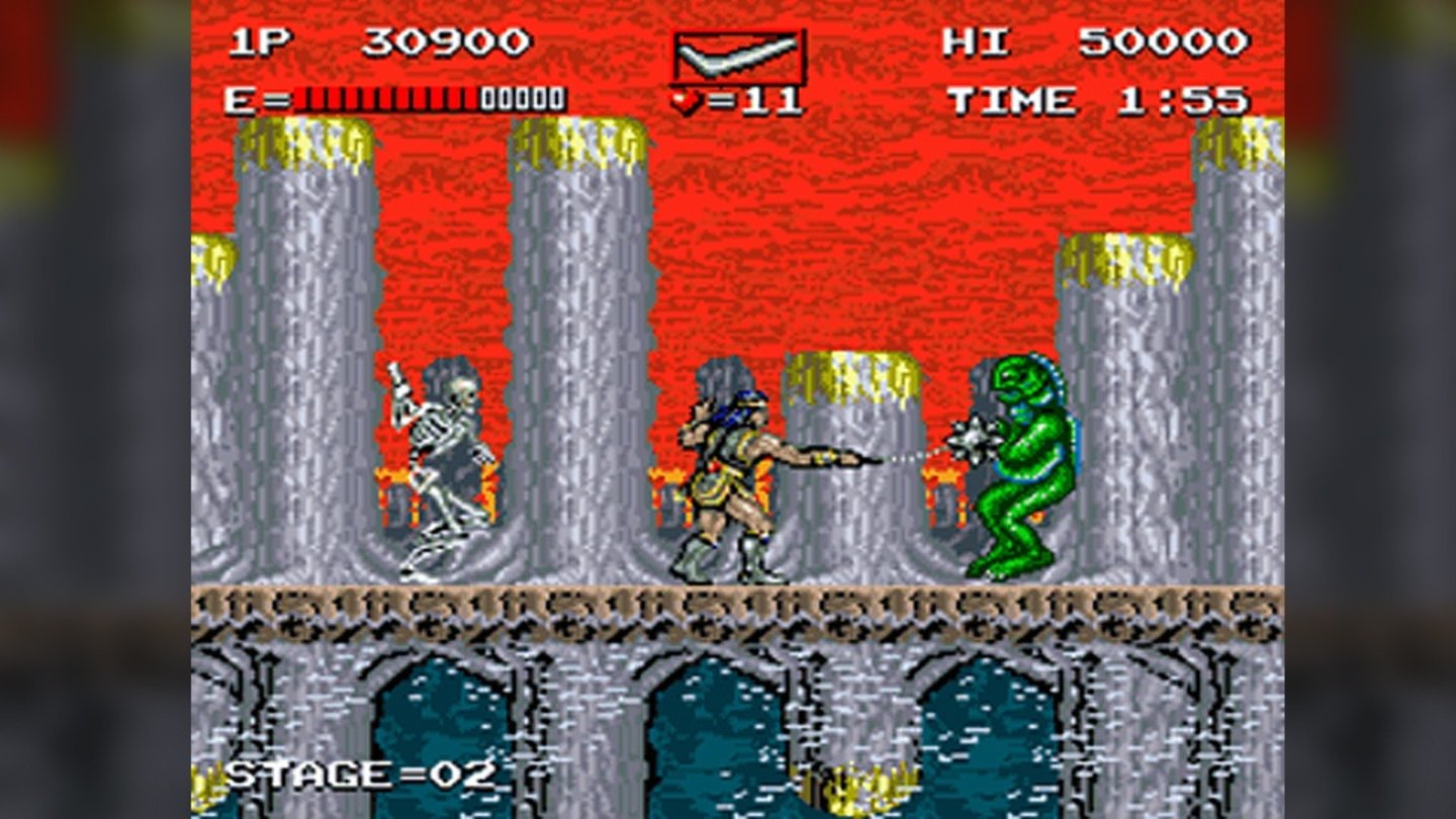 Haunted Castle (Arcade, 1988)
1988 erschien Castlevania das erste Mal als Spielhallenautomat. In sechs Levels schickt sich Simon Belmont an, seine Frau Selena vor Graf Dracula zu retten. Dabei bleibt das Spielprinzip dem Original treu und Simon hüpft und kämpft sich durch Monsterhorden und Zwischenbosse bis zu Dracula selbst vor.