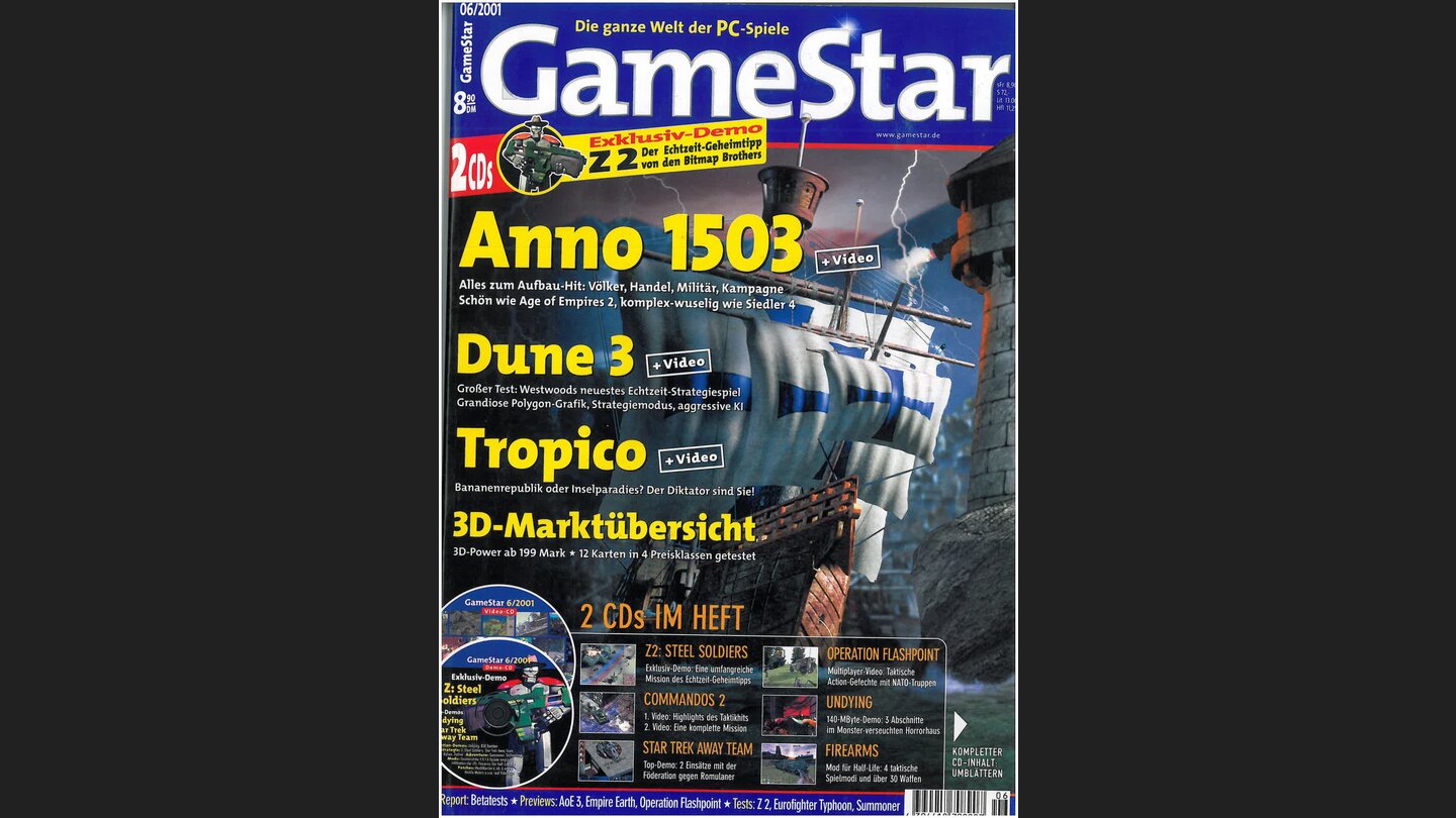 GameStar 62001Anno 1503-Titelstory mit Mega-Preview über das Kampfsystem, Wohnhaus-Entwicklung, Kampagne und die neun Kulturen. Außerdem: Previews zu Age of Mythology, Empire Earth, C+C Renegade, Bundesliga Manager X und Hidden + Dangerous. Tests zu Evil Dead, Eurofighter Typhoon, Der Clou 2, Original War, und Adventure Pinball. Dazu Reports über Betatests und Jobs in der Spiele-Branche Teil 4.