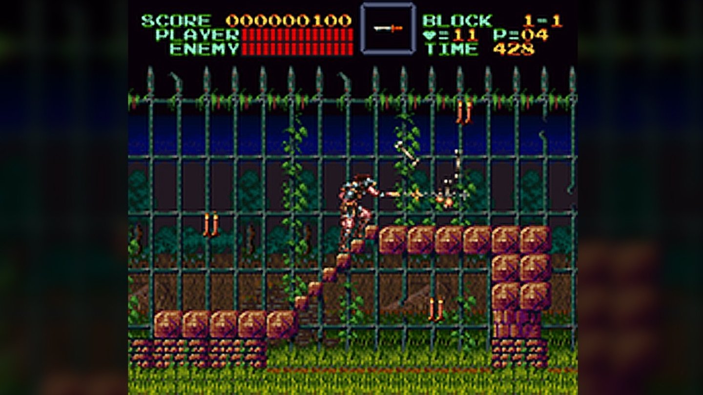 Super Castlevania 4 (SNES, 1991)
1991 erscheint ein Facelift für das Ur-Castlevania mit zusätzlichen Levels. Wie der Name bereits andeutet, kam Super Castlevania 4 für das damals neue Super Nintendo Entertainment System (SNES).