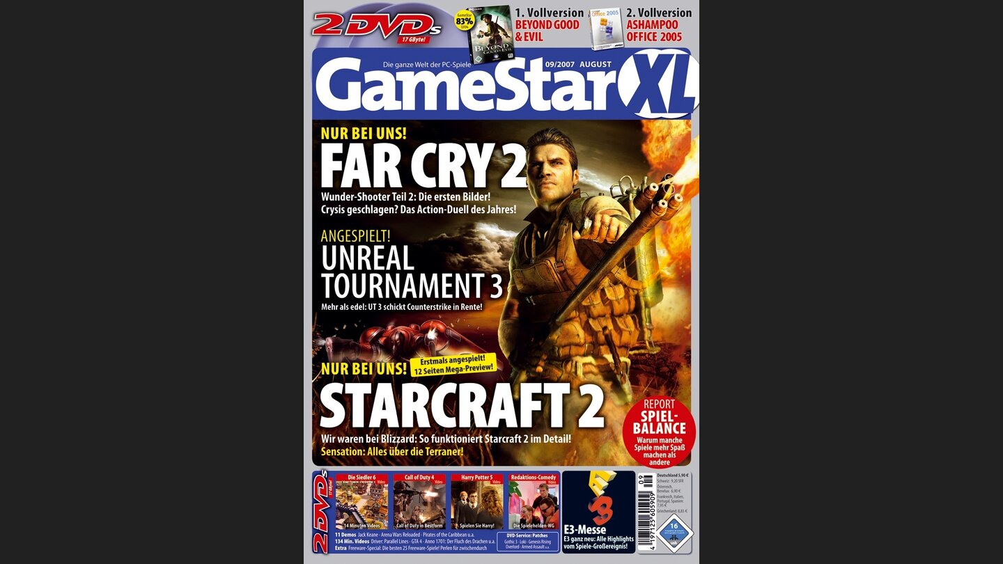 GameStar 92007Far Cry 2-Titelstory über die Spielewelt, Waffen, Crysis-Vergleich und das Wetter-System. Außerdem: Previews zu Die Siedler 6, Unreal Tournament 3, Call of Duty 4 und Fallout 3 und Driver: Parallel Lines, Civilization 4: Beyond the Sword und Jack Keane im Test.