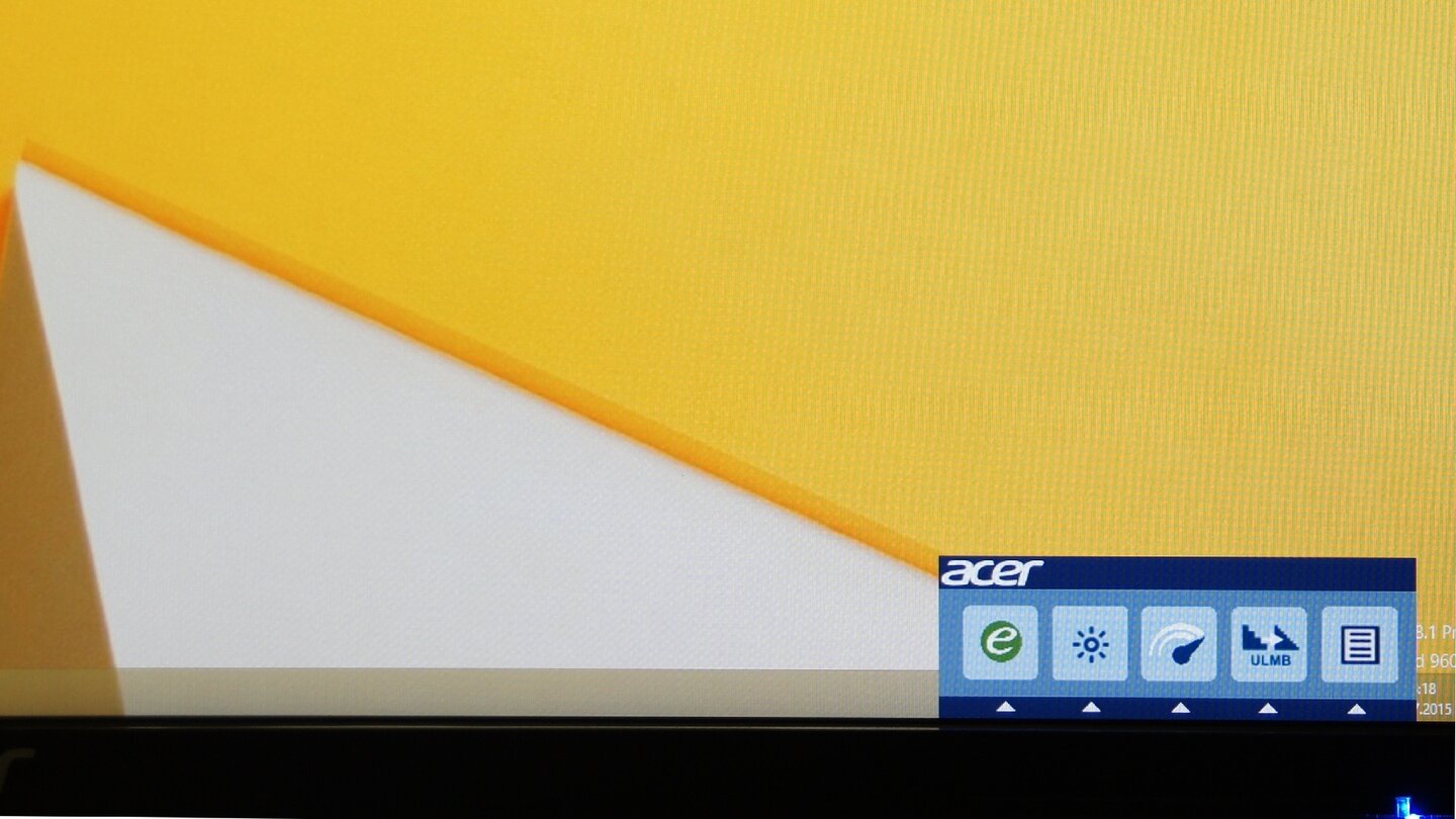 Acer XB270HU – MonitormenüDas Menü des Acer XB270HU ist recht überschaubar. Betätigen Sie eine der fünf Tasten am unteren rechten Bildschirmrand, öffnet sich zunächst immer diese Schnellauswahl, mit der Sie beispielsweise die Helligkeit oder die Overdrive-Funktion direkt regeln können.