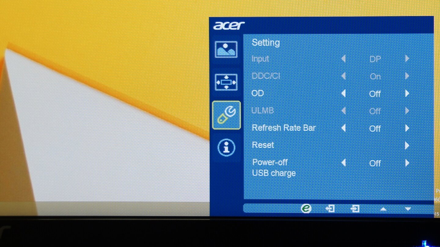 Acer XB270HU – MonitormenüDer Bereich »Setting« ist am umfangreichsten. Hier befindet sich unter anderem die Overdrive-Funktion (»OD«), außerdem können Sie die aktuelle Bildwiederholrate des Monitors in Form einer kleinen, roten Leiste unten links in der Ecke des Monitors anzeigen lassen (was ziemlich nutzlos ist).
