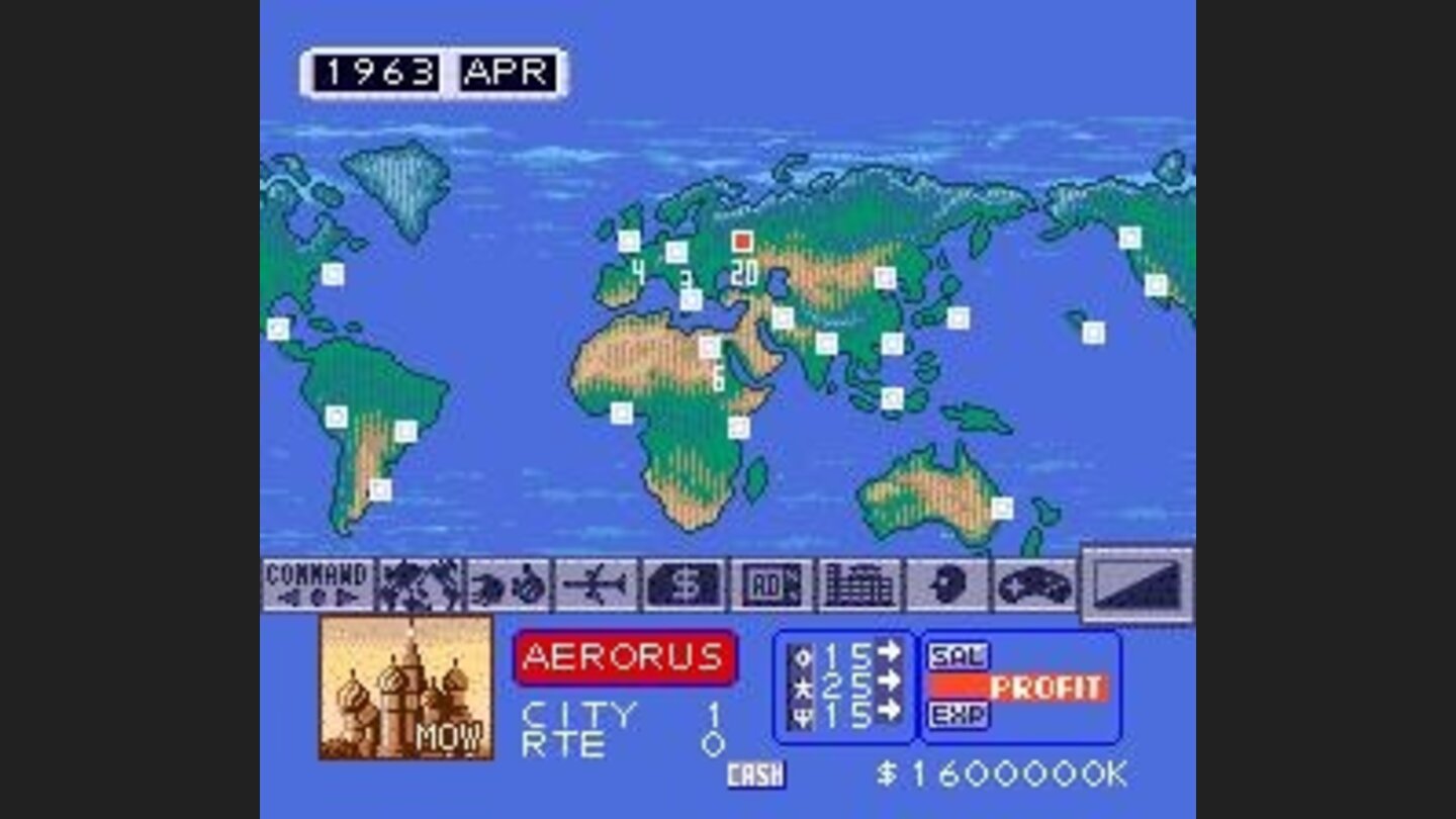 Command interface (left to right): Routes, Negotiate, BuySell Planes, Budget, Advertising, Construction, Advice, Options, End Turn