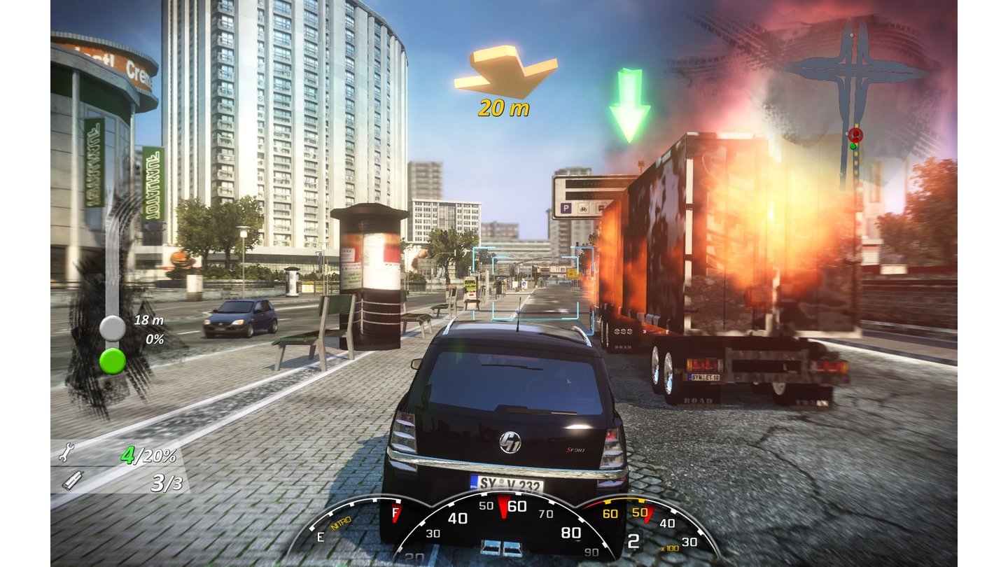Alarm für Cobra 11 – Burning Wheels (2008)
Burning Wheels kommt 2008 für den PC und die Xbox 360 auf den Markt und lässt uns wieder die Rolle der Serienermittler übernehmen, inklusive Originalstimmen und sichtbarer Fahrer. Missionen und versteckte Minispiele starten wir direkt in der offenen Spielwelt, wodurch ein insgesamt realistischeres Spielgefühl entsteht.