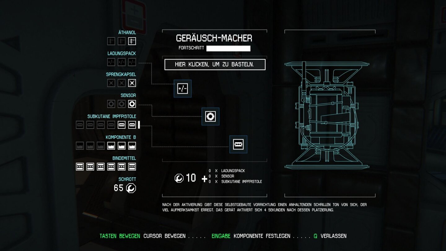 Alien: Isolation - PC-Screenshots aus der Test-VersionAus gesammeltem Schrott und Komponenten basteln wir in diesem unübersichtlichen Menü unsere Gadgets.