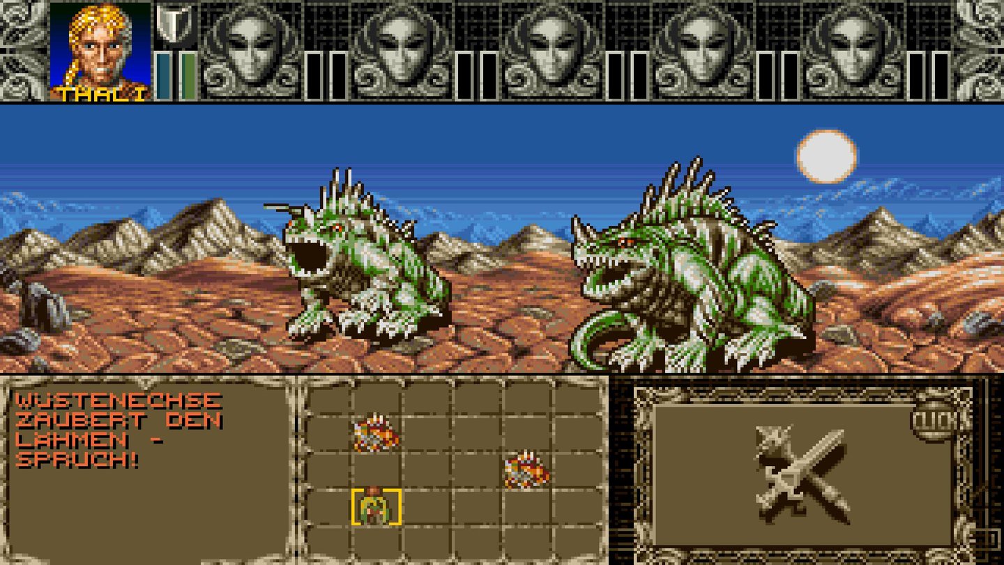 Platz 3: Die scrollende 3D-Grafik von Ambermoon war für den Amiga revolutionär. In dieser Szene bekommt es die noch einsame Heldin Thali mit gleich zwei Wüstenechsen zu tun.