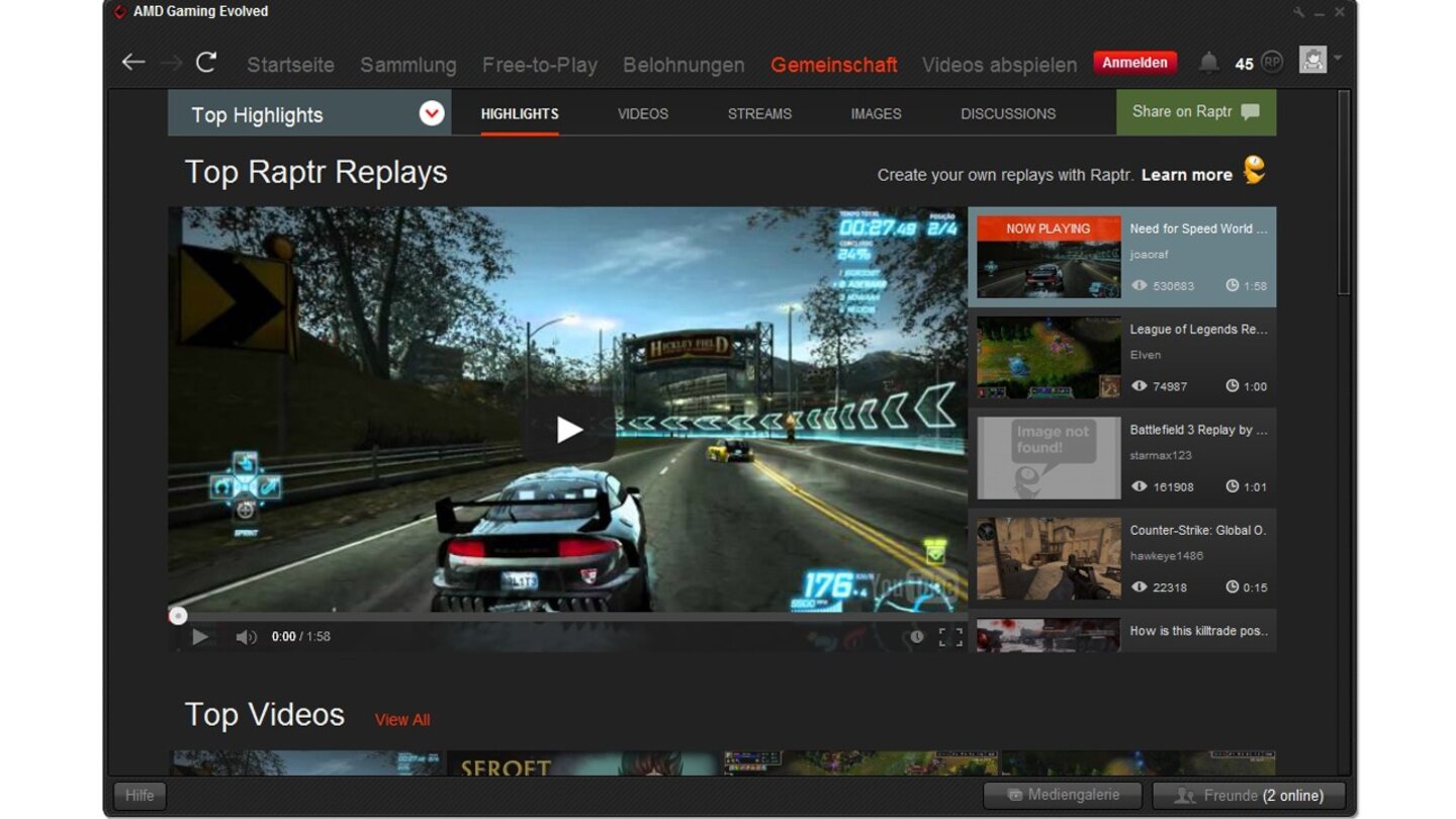 Im Reiter »Gemeinschaft« finden Sie Inhalte wie Spielevideos, die von anderen Nutzern mit der AMD Gaming Evolved App erstellt wurden.