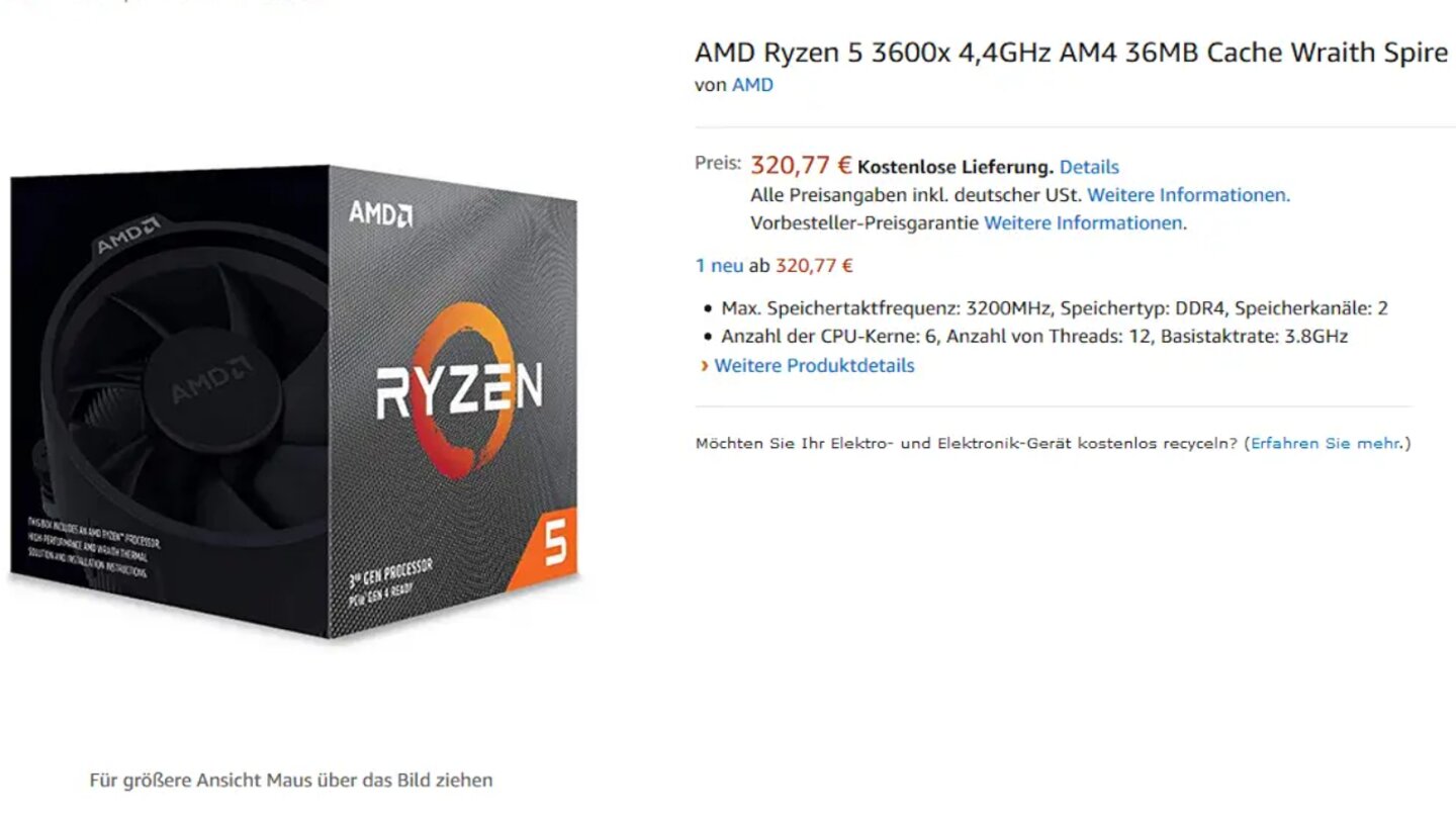 AMD Ryzen 3600X Amazon (Bildquelle: Amazon/Heise)