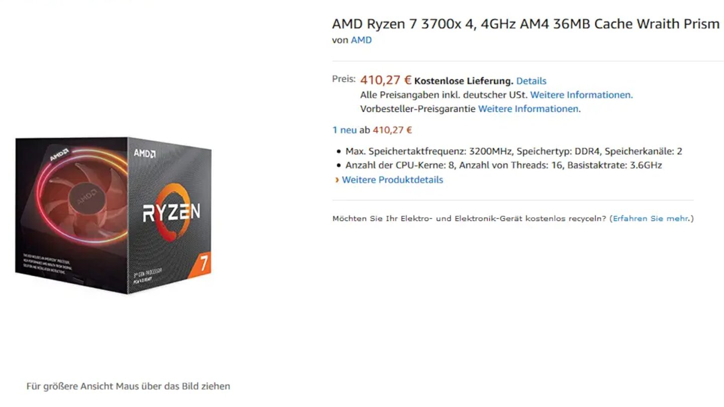 AMD Ryzen 3700X Amazon (Bildquelle: Amazon/Heise)