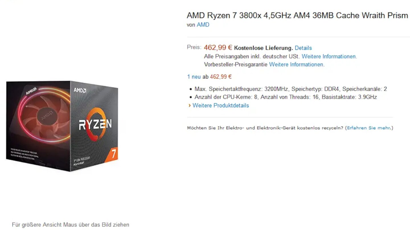 AMD Ryzen 3800X Amazon (Bildquelle: Amazon/Heise)