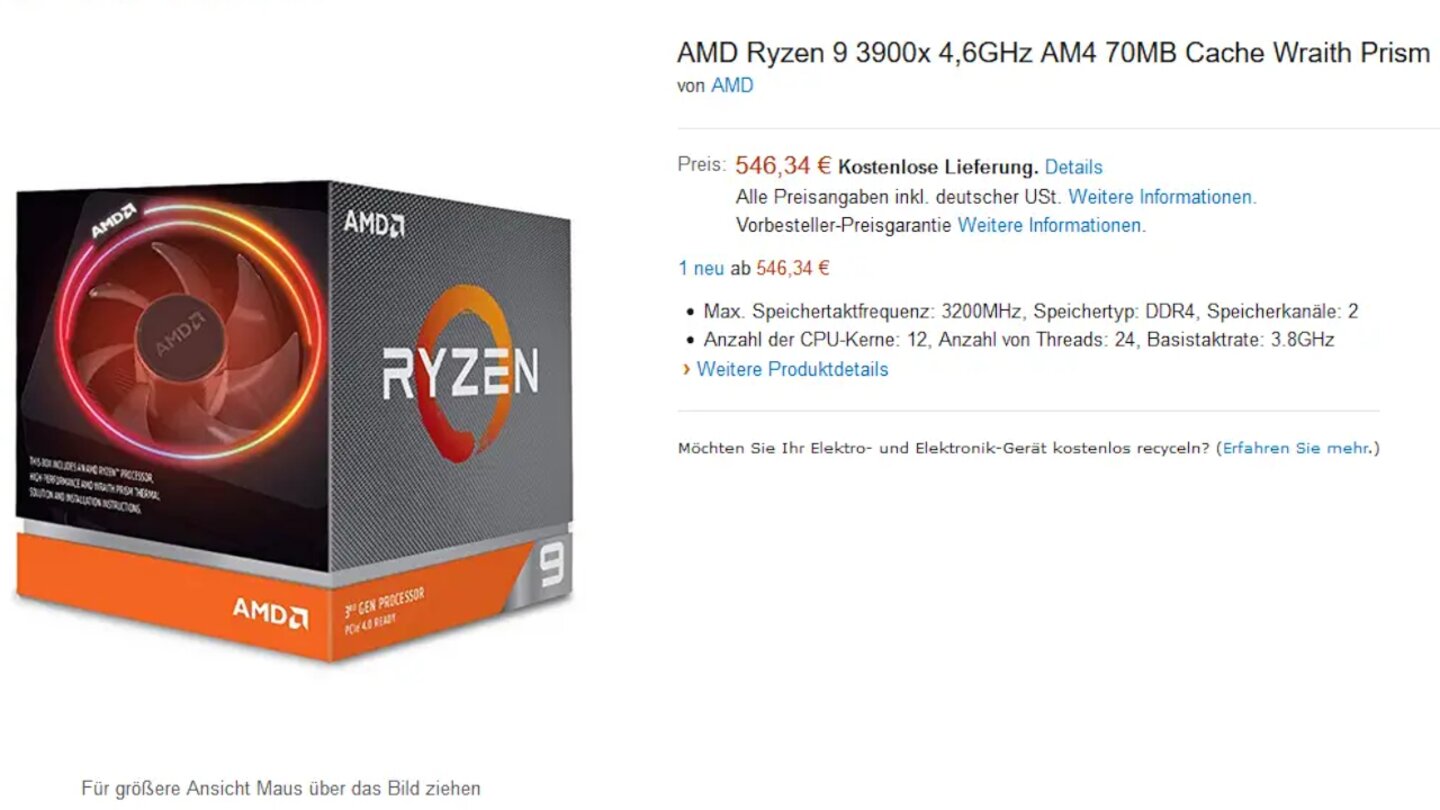 AMD Ryzen 3900X Amazon (Bildquelle: Amazon/Heise)