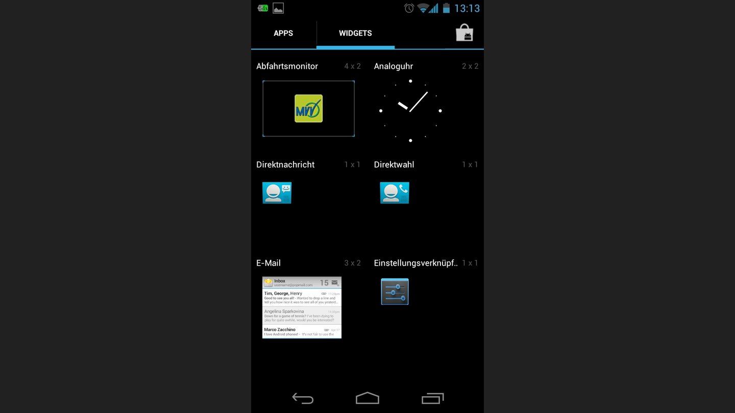 Die Widgets zeigt Android 4.0 jetzt in einer kleinen Vorschau an.