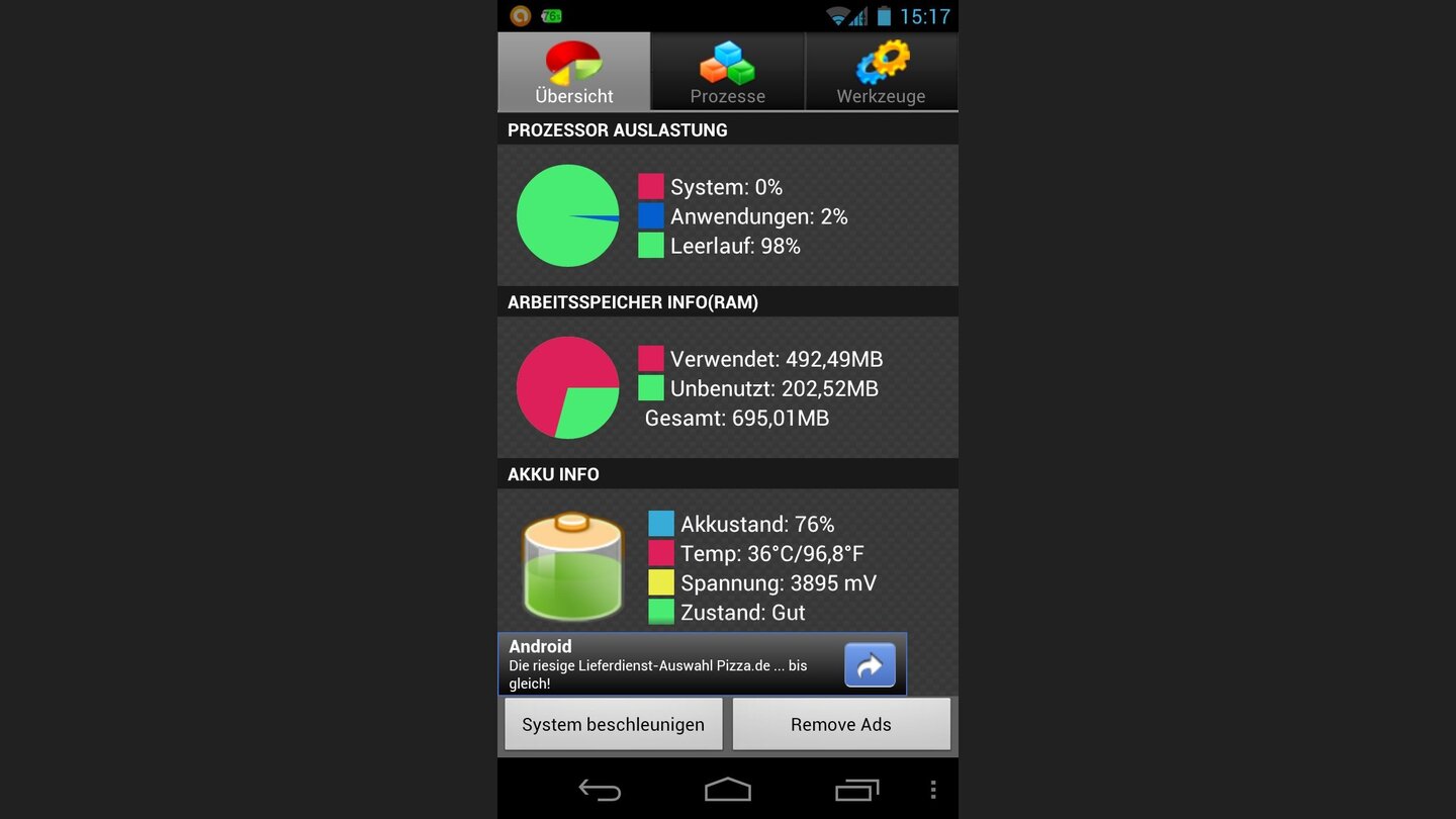 Android AssistantDer Android Assistant bietet 18 Funktionen, um Ihr Betriebssystem schnell, schlank oder sparsam zu machen. Die App enthält unter anderem einen Statusmonitor, der die CPU-Last und Arbeitsspeichernutzung anzeigt, einen übersichtlichen Task Manager, mit dem sie leistungshungrige Anwendungen entlarven. Dazu löschen Sie diverse Verlaufsspeicher gesammelt, ohne jede App einzeln aufrufen zu müssen. (Lauffähig ab Android 2.0)
