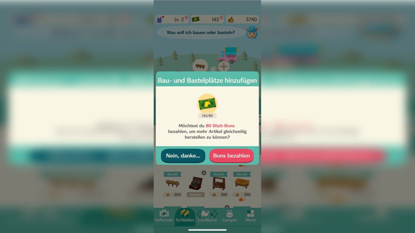 Animal Crossing: Pocket CampBlatt-Bons sind die Premiumwährung, aber selten nötig.