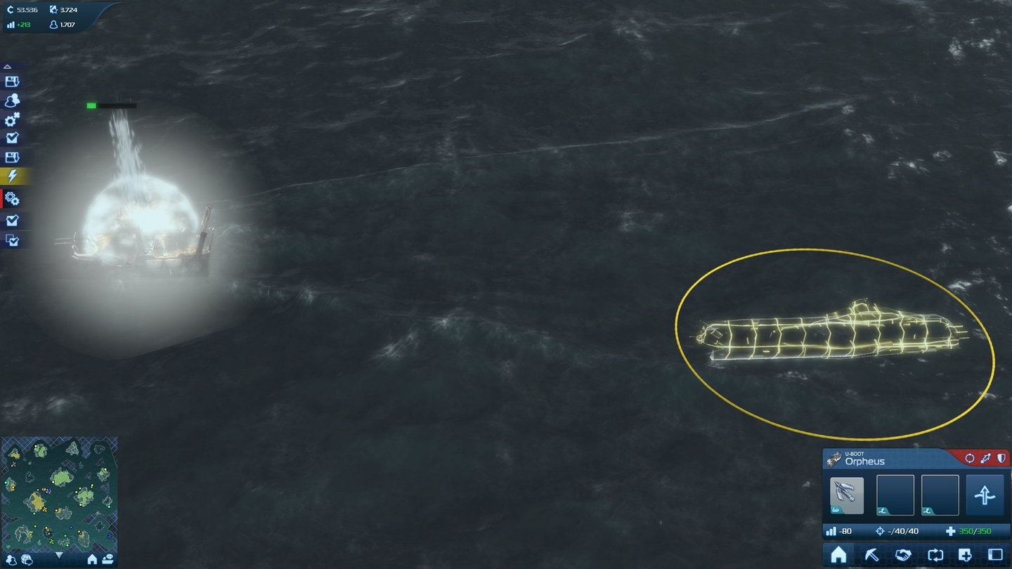 Anno 2070Die Viper links hat gegen unser U-Boot keine Chance – mangels Wasserbomben.