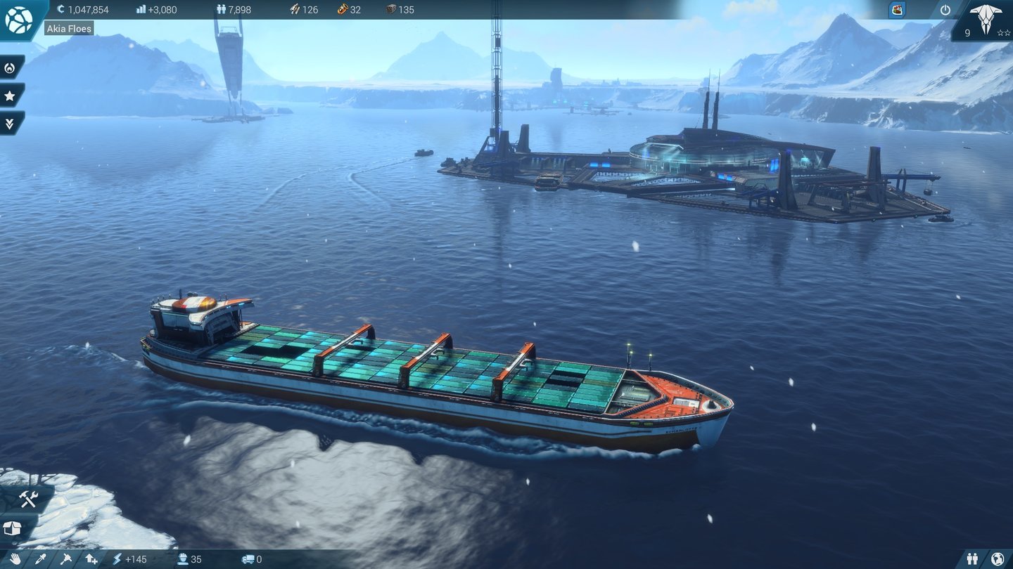 Anno 2205Zwar kreuzen noch Tranportschiffe auf dem Meer, die sind aber Staffage und nicht steuerbar. Das Handelsrouten-System wurde gegenüber Anno 2070 stark vereinfacht.