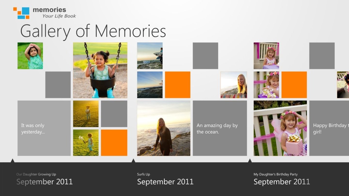 Memories Memories ist ein virtuelles Fotoalbum. Sie können Bilder beschriften und so eine Sammlung an kleinen Fotobüchern anlegen.