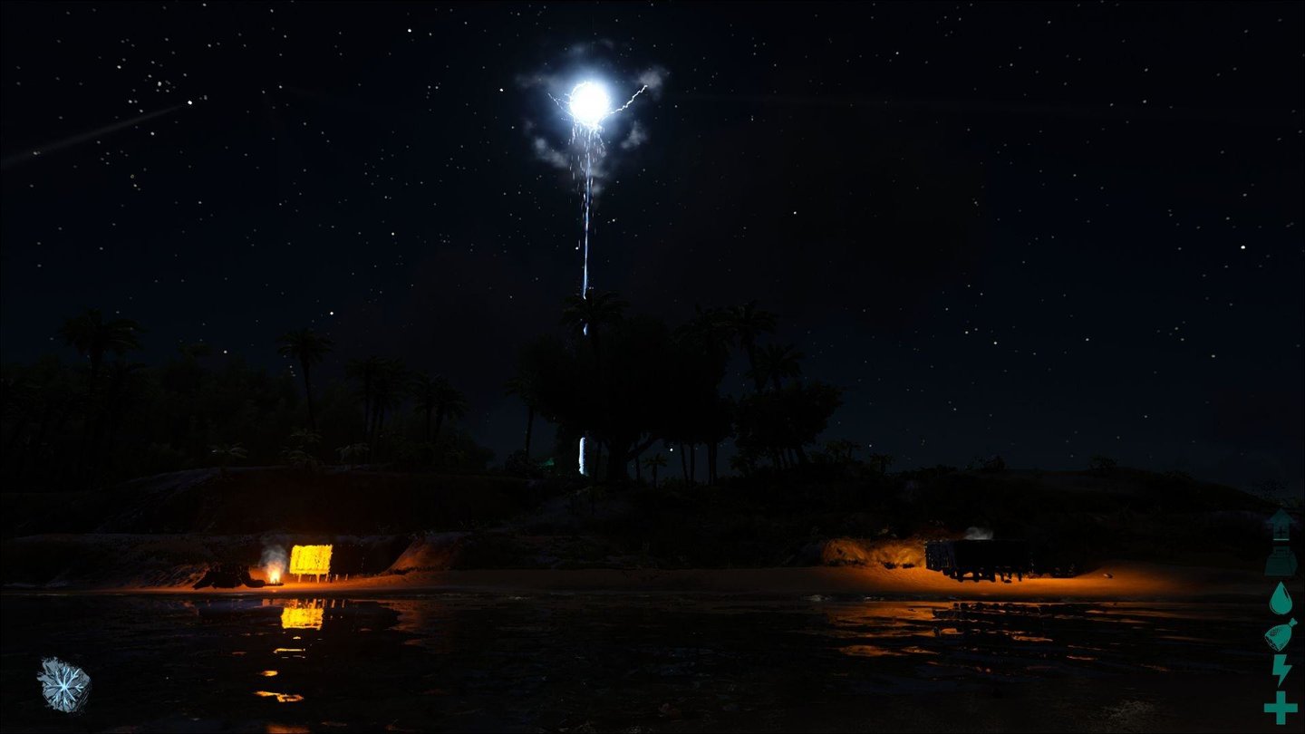 Ark: Survival EvolvedNachts ist es verdammt dunkel aber die Lichteffekte und Spiegelungen auf dem Wasser sehen einfach zu gut aus, um zu schlafen.