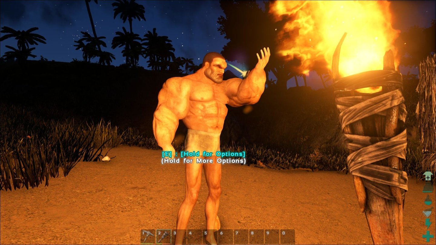 Ark: Survival EvolvedDer Charaktereditor lässt die seltsamsten Verformungen zu. Dieser Spieler hat sich für eine Mischung aus Neandertaler und Arnold Schwarzenegger entschieden.