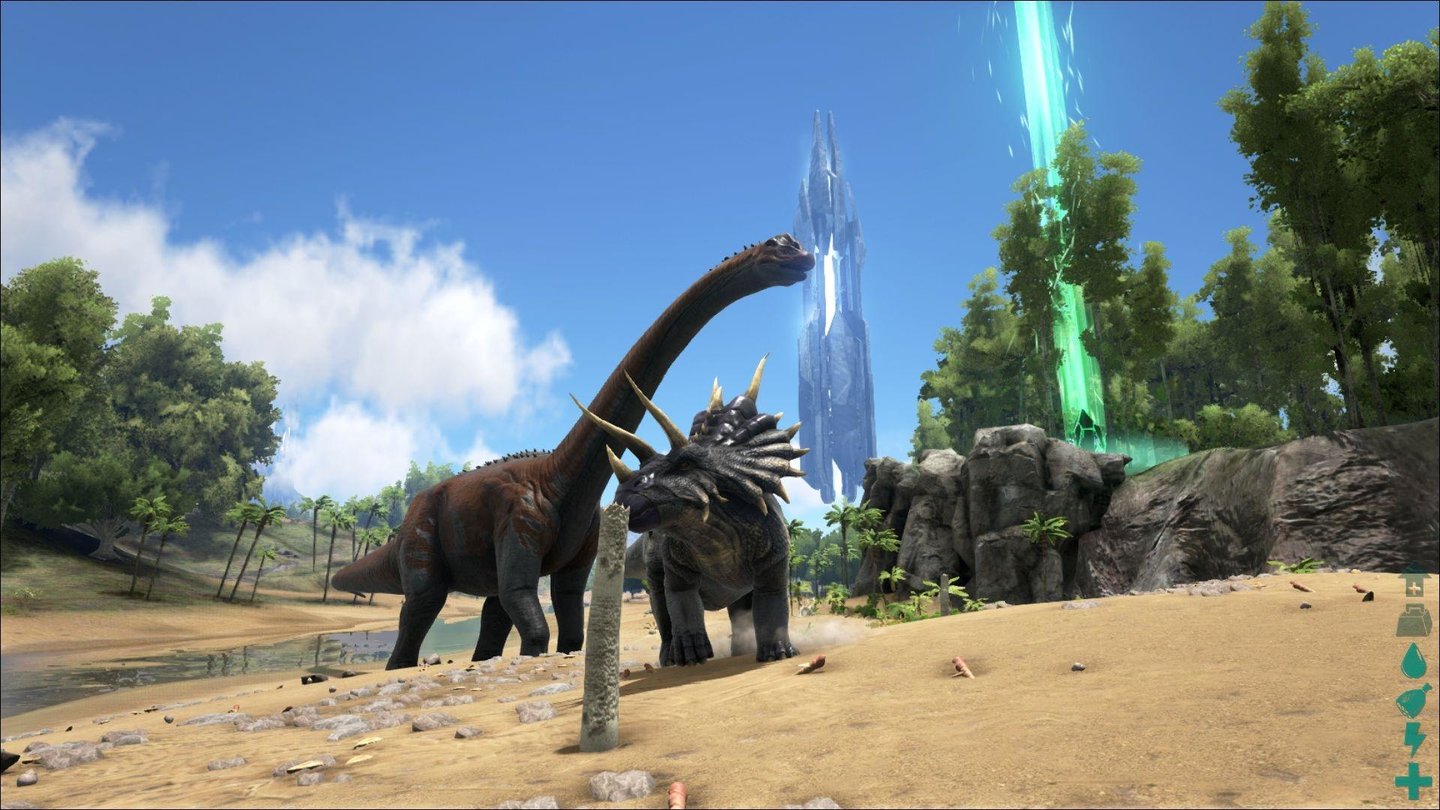 Ark: Survival EvolvedTriceratops trifft Brontosaurus trifft seltsame Alien-Bauwerke. Ark erlaubt sich einen seltsamen Mix aus Urzeit und SciFi.