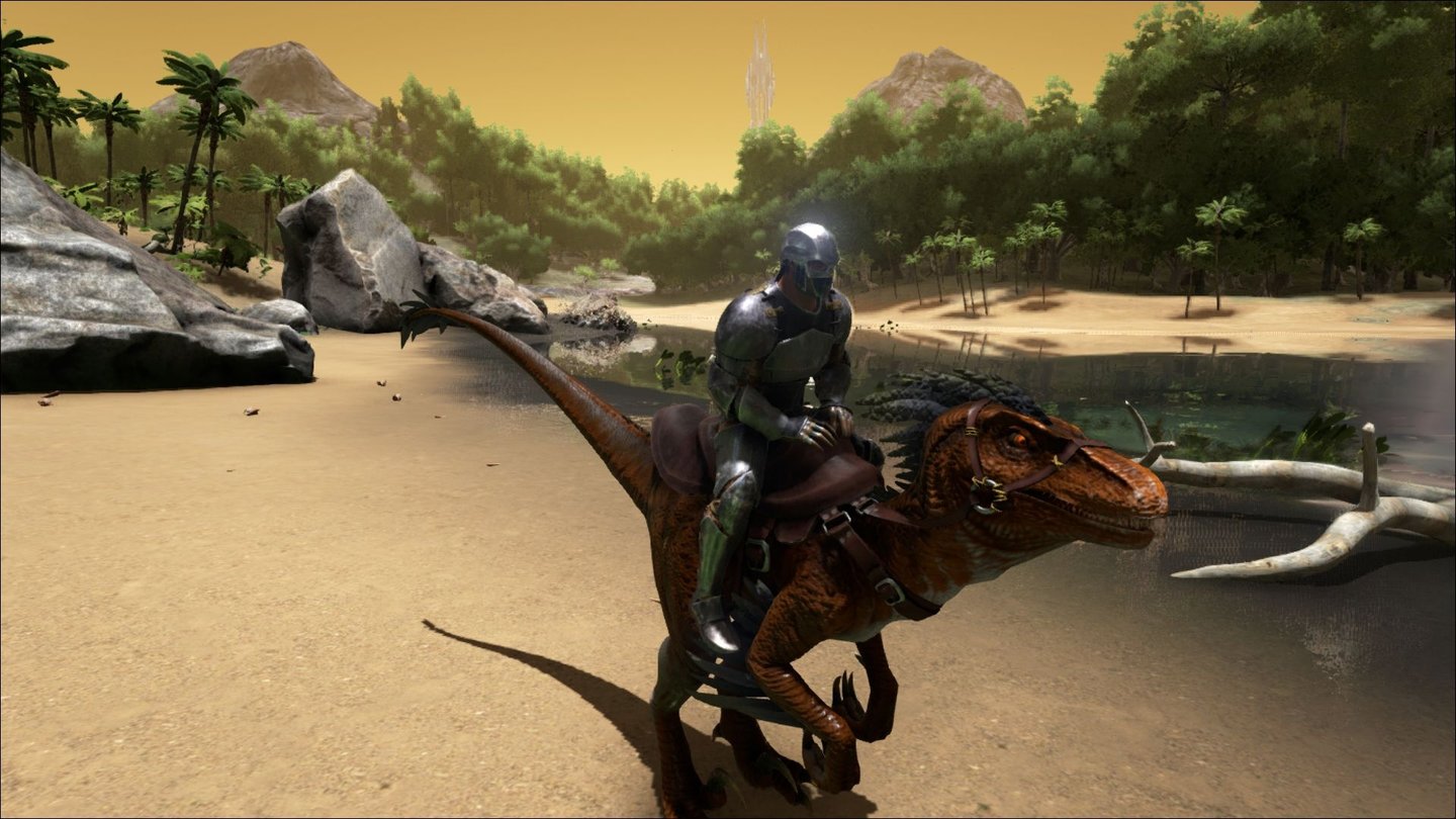 Ark: Survival EvolvedMit dicker Eisenrüstung und auf dem Rücken eines flinken Raptors drohen uns nur wenige Gefahren.