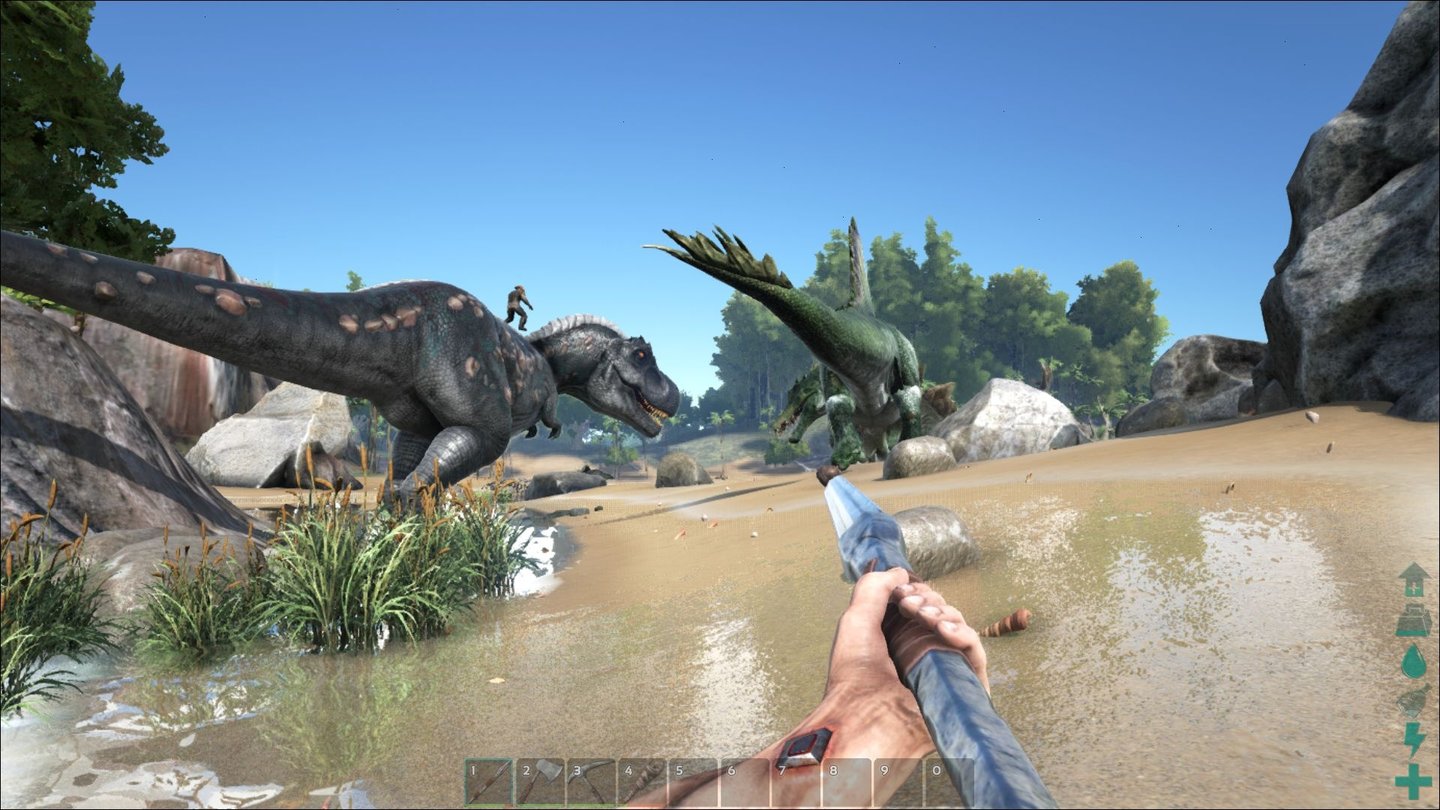 Ark: Survival Evolved»Jurassic Park 3« mal anders. Hier zeigt der T-Rex dem Spinosaurus, wo der Hammer hängt.