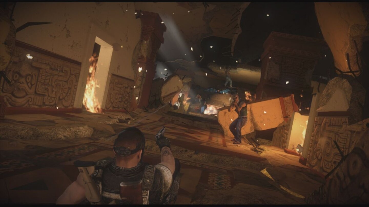 Army of Two: The Devils CartelDas Spiel ist trotz vieler Macken ordentlich inszeniert. Hier rutscht Alpha auf dem Hosenboden durch ein einstürzendes Gebäude.