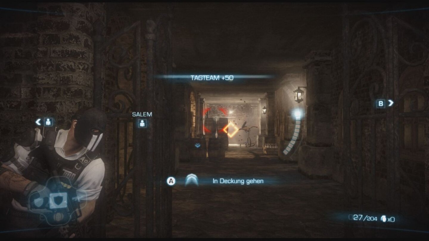 Army of Two: The Devils CartelMeistens lohnt es sich, in Deckung zu bleiben und mit einer Granate größere Gegnergruppen auszuschalten.
