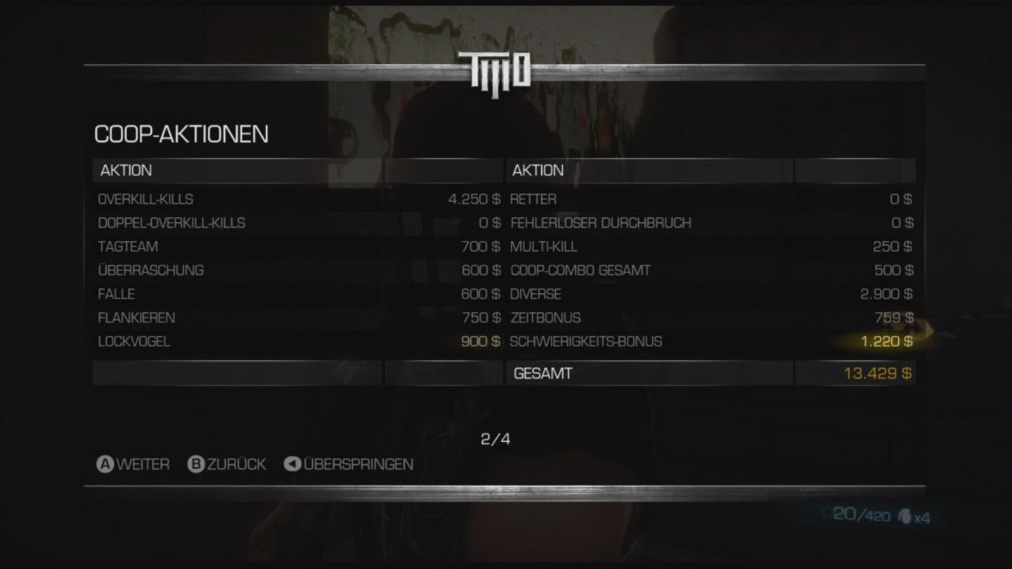 Army of Two: The Devils CartelNach jedem Abschnitt wird abgerechnet. Für Abschüsse und Teamaktionen gibt es Kohle für den Shop.