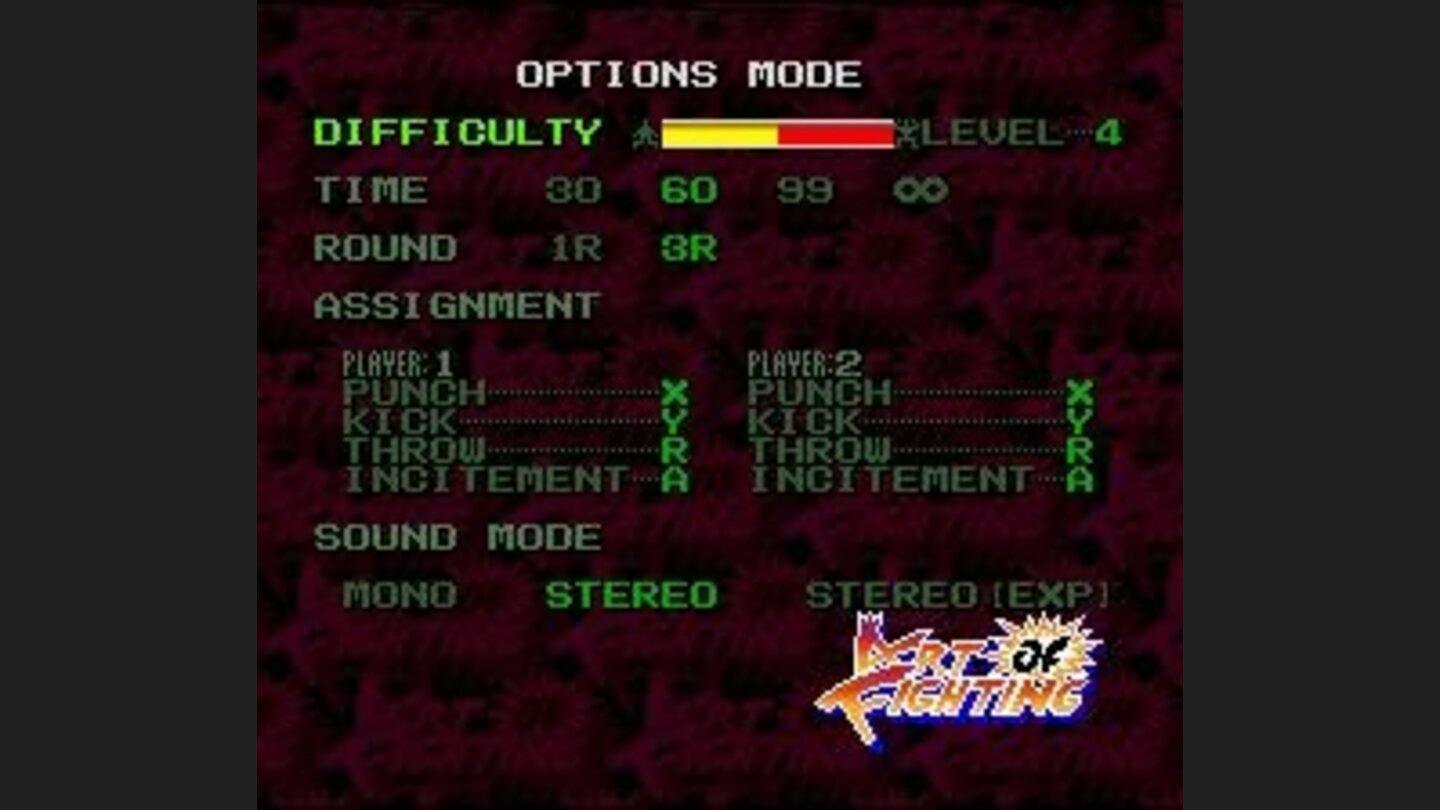 The Options mode. Note the extra Stereo mode. Use this and the game will have surround sound!