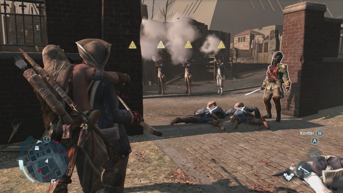 Assassin's Creed 3: Die Tyrannei des Königs WashingtonWenn eine Reihe von Soldaten auf uns Zielt, muss schnell ein menschlicher Schutzschild her.