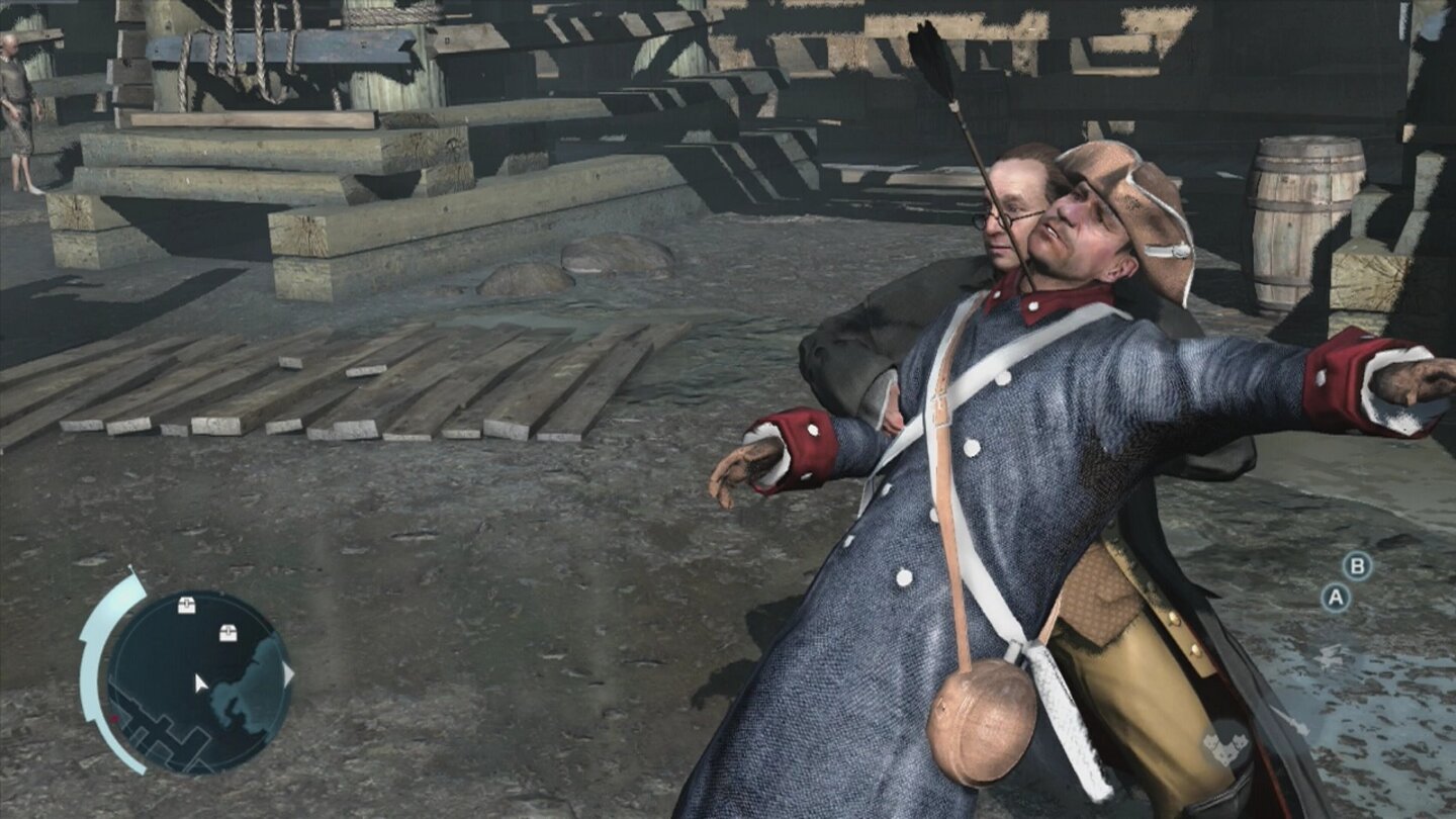 Assassin's Creed 3: Die Tyrannei des Königs WashingtonBenjamin Franklin hat die gleichen Tricks drauf wie wir und benutzt die Wache als menschlichen Schild.