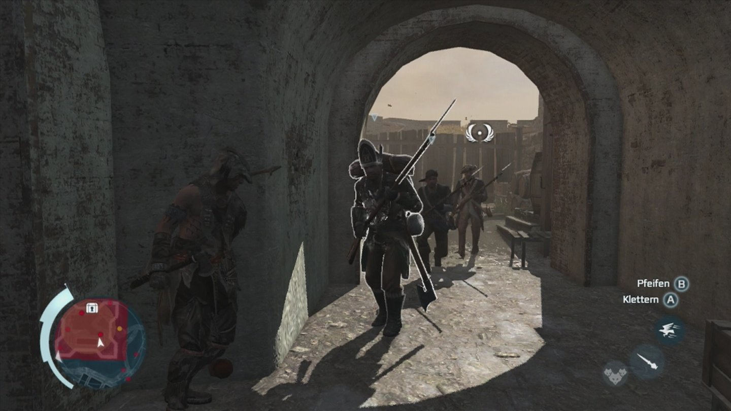 Assassin's Creed 3: Die Tyrannei des Königs WashingtonHinter der Ecke lauern wir auf die Wachen, um sie unbemerkt zu erledigen.