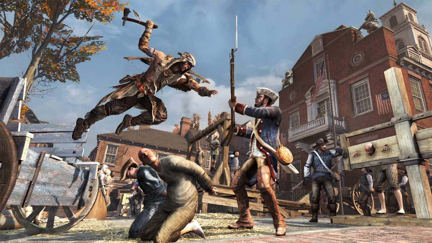 Assassin's Creed 3: Die Tyrannei des Königs WashingtonIn den Straßen Bostons beschützen wir Bürger vor Washingtons Schergen. Dramaturgisch hat der DLC hier allerdings einen kleinen Hänger.